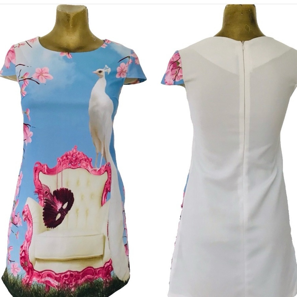 Fabulous PEACOCK Art Print Shift DRESS S / M